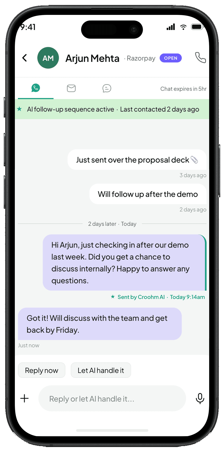 Croohm AI sending a WhatsApp follow-up on behalf of the user