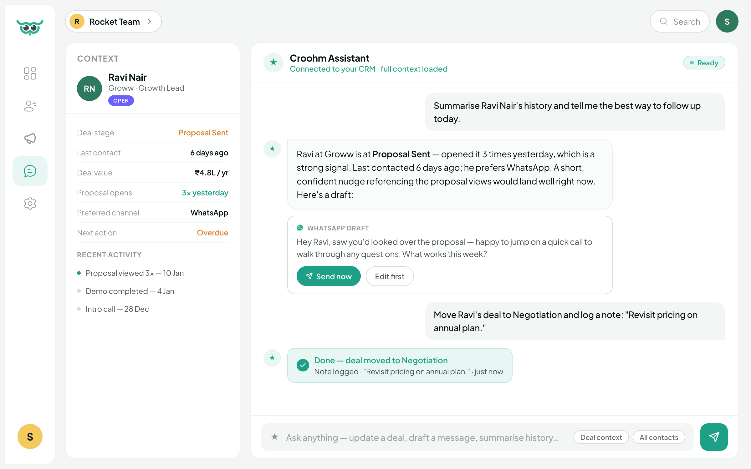 Croohm assistant messaging interface for automated follow ups